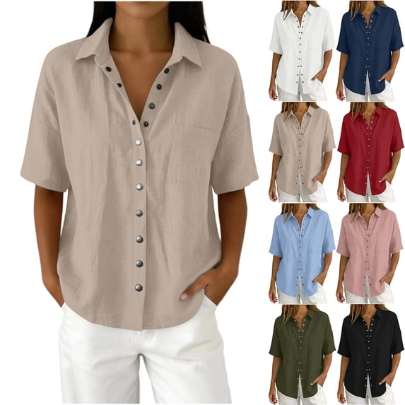 Linen Button Down Shirt for Women Fashion Casual Linen Solid Color Flared Open Front Short Sleeve Button-Up V-Neck Pocket Top Professional business casual
