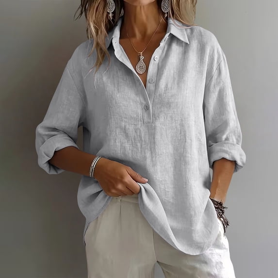 Linen Button Down Shirt Women Long Sleeve Linen Apparel Breathable Natural Flax Summer Vacation Linen Top Linen Popover Shirt Women Linen Blend Tops Womens Gauze Tops,Gray,S