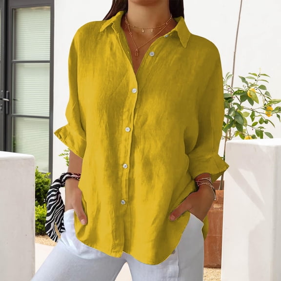Fshiont Linen Button Down Shirt Womens Lapel Collar Plus Size 3/4 Sleeve Tunic Tops Trendy Dressy Business Casual Work Blouse Lightweight Vacation Petite Loose Gauze Tee Yellow 2XL