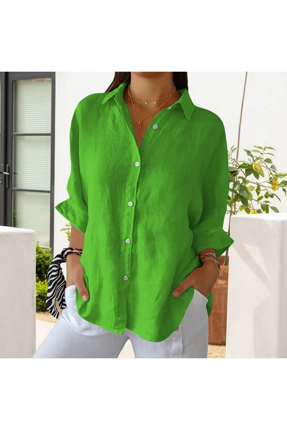 Linen Button Down Shirt Womens Lapel Collar Plus Size 3/4 Sleeve Tunic Tops Trendy Dressy Business Casual Work Blouse Lightweight Vacation Petite Loose Gauze Tee Green L