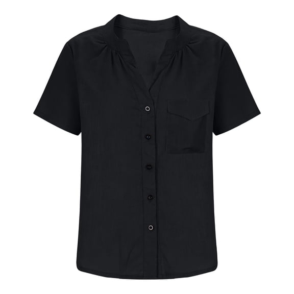 Linen Button Down Shirts for Women Short Sleeve Tops V Neck Henley Blouses Business Casual Outfits Relaxed Fit Breathable Leisure Tops Loose Fit Unic Blouse Beach Vacation Tees Black L