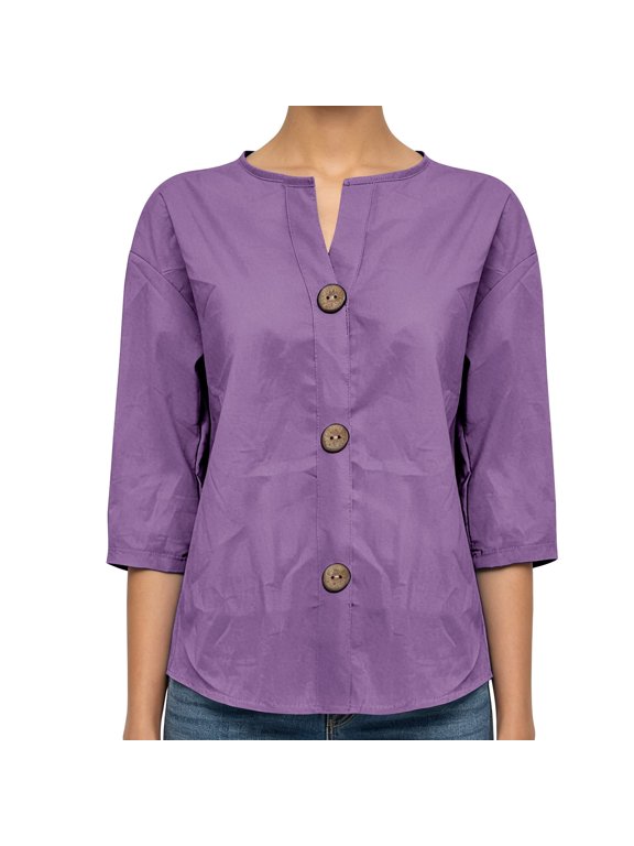Linen Button Down Shirts for Women,v Neck T Shirts Elegant Dress Shirts Fall Outfits Soft Chic Tops Ladies Casual Tops Interview Outfits Plain Shirt Modest Thin Shirts Basic Shirts,Purple,M