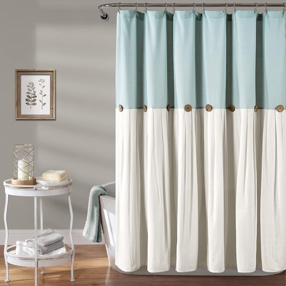 Linen Button Shower Curtain 72 in W x 72 in L Blue and Off White