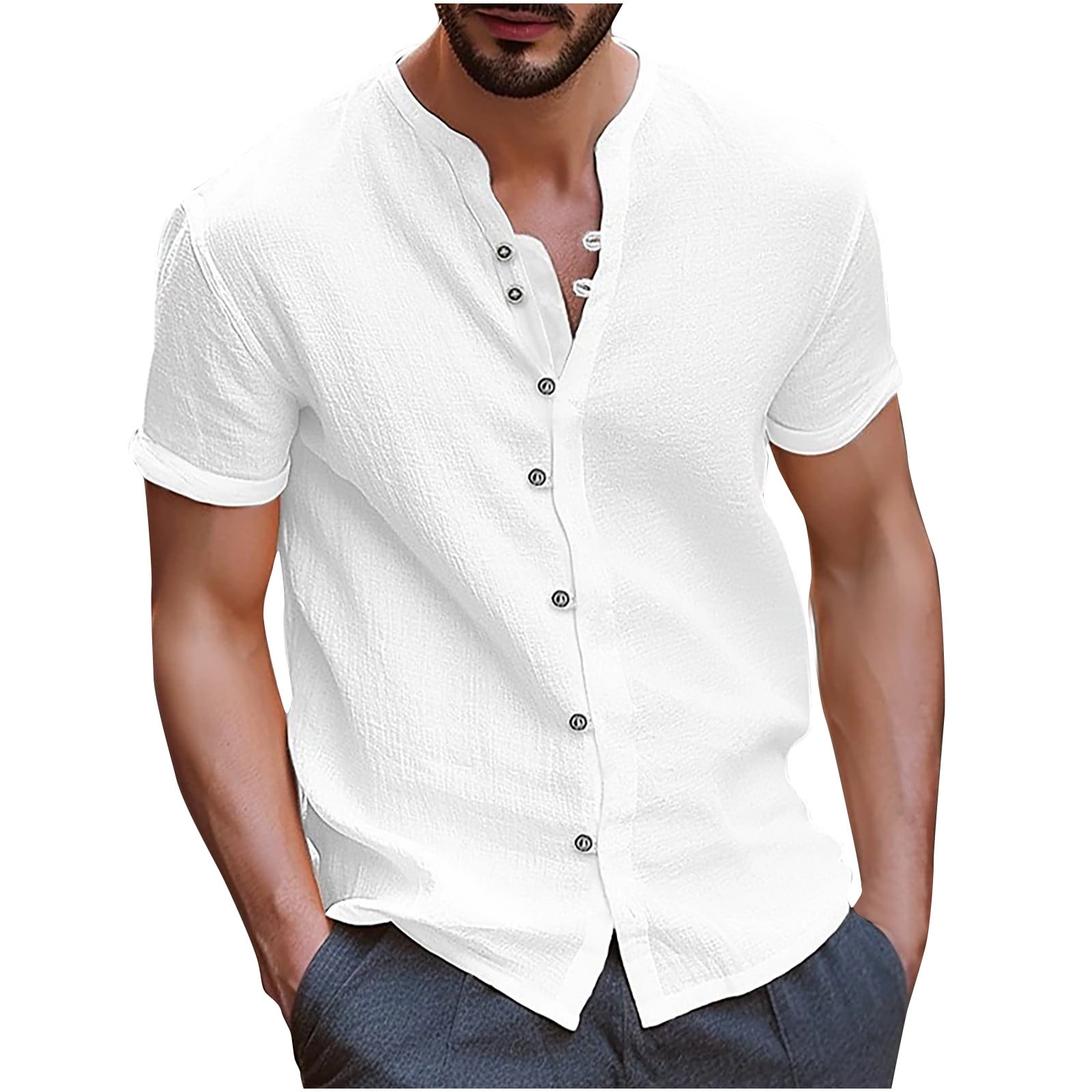 Linen Button Up Shirt for Men Short Sleeve Classic-fit Comfy Lightweight Beach Hawaiian V Neck Tee Tshirts (Large, White)