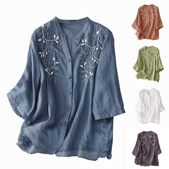 Linen Button Up Shirts Womens 3/4 Sleeve V Neck Blouses Floral Printed Casual Loose Tops for Summer Spring Fall (L, Blue)