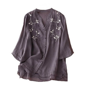 Linen Button Up Shirts Womens 3/4 Sleeve V Neck Blouses Floral Printed Casual Loose Tops for Summer Spring Fall (XL, Purple)