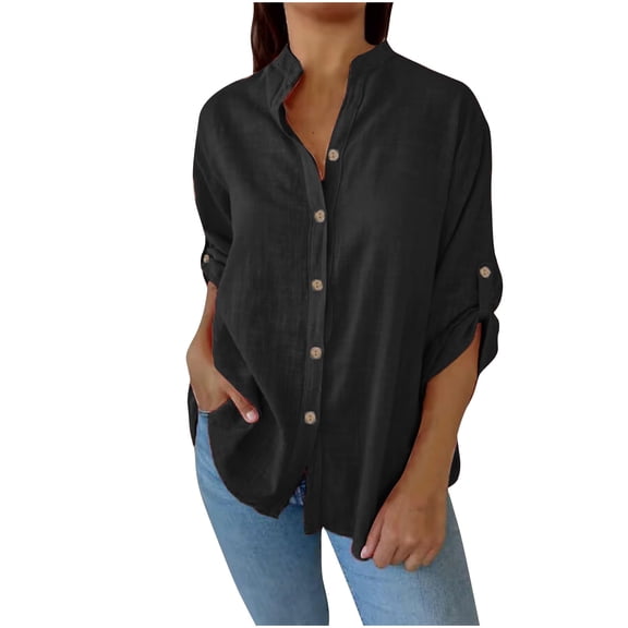 Linen Button Up Shirts Womens Rolled Long Sleeve Collared Blouse Lightweight Casual Tops Solid Color, Black-A M