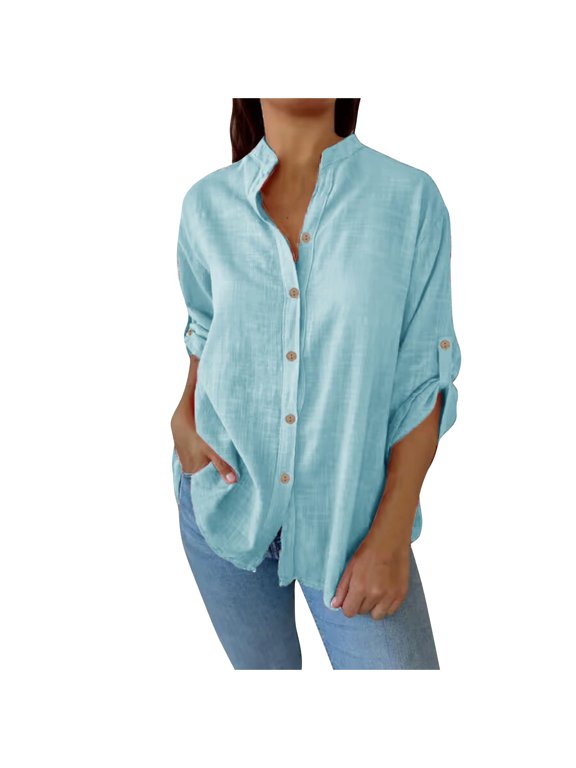 Linen Button Up Shirts Womens Rolled Long Sleeve Collared Blouse Lightweight Casual Tops Solid Color, Blue-A S