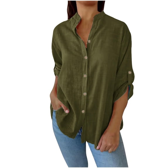 Linen Button Up Shirts Womens Rolled Long Sleeve Collared Blouse Lightweight Casual Tops Solid Color, Green-A XL