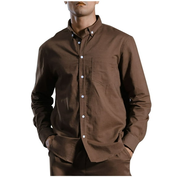 Linen Button Up Shirts for Men Pocket Dress Casual Blouses Long Sleeve Lapel Collar Solid Color Shirt Tops (XL, Brown)