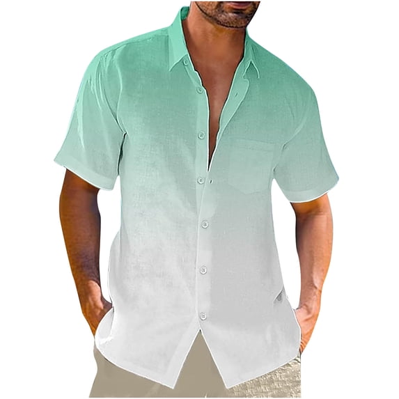Linen Button Up Shirts for Men Short Sleeve Gradient Beach Hawaiian Collared Plus Size Tees Casual Top M-5XL (XX-Large, Green)