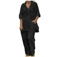 thumbnail image 1 of Linen Button Up Shirts for Women Sets, Two Piece Outfits Womens Linen Pants Sets Long Sleeve Loose Loungewear Suits (Large, Black), 1 of 5