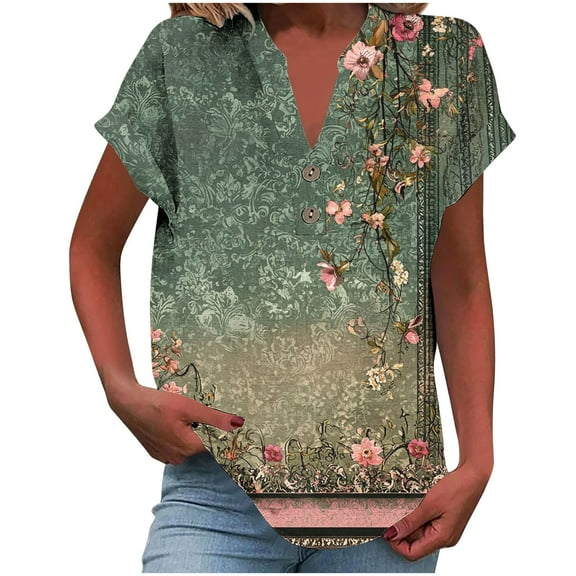 Linen Button Up Shirts for Women Summer Short Sleeve V Neck T Shirts Vintage Floral Print Blouse Boho Beach Vacation Outfits