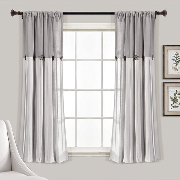 Linen Button Window Curtain Panel, Single, 15.8" W x 24.8" L, Gray & Off-white - Country Curtains - Color Block Modern Farmhouse Curtains For Living Room, Bedroom & Dining Room