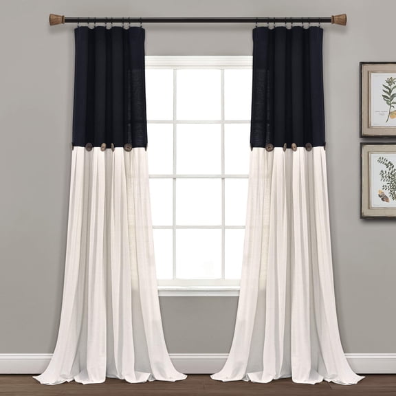 Linen Button Window Curtain Panel Single 40" W X 84" L Black & Off White- Country Curtains - Rustic Color Block Modern Farmhouse