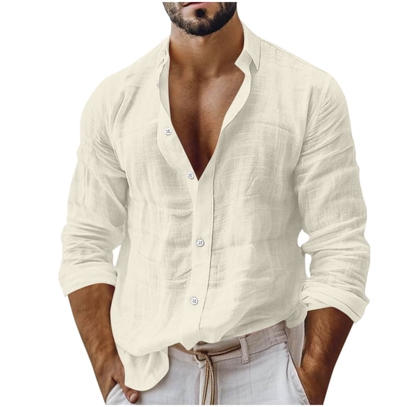 Linen Button down Shirt Men Big and Tall Long Sleeve Collared Casual Top with Pocket for Fall Winter Wear