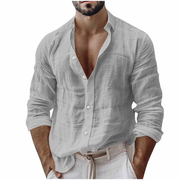 Linen Button down Shirt Men Big and Tall Long Sleeve Collared Casual Top with Pocket for Fall Winter Wear
