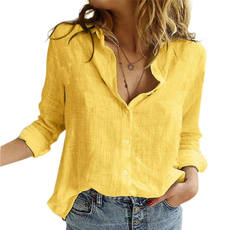 Linen Button up Shirts for Women Solid Color Casual Loose Long Sleeve Linen Shirt XL Yellow Walmart