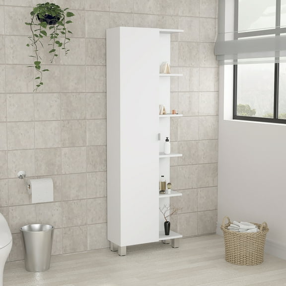 Linen Cabinet For Bathroom, 5+ Shelves, 1 Door, White Appearance Modern Corner Storage Cabinet, Shelves & Bathroom Freestanding, Easy Clean Surface