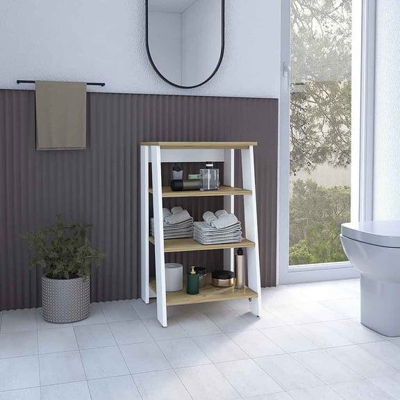 Linen Cabinet with Four Open Shelves, Particle Board Bathroom Storage Organizer, 17.3"W x 16.9"D x 29.7"H, Light Oak and White Finish, Free Standing Storage Shelf for Bathroom or Bedroom