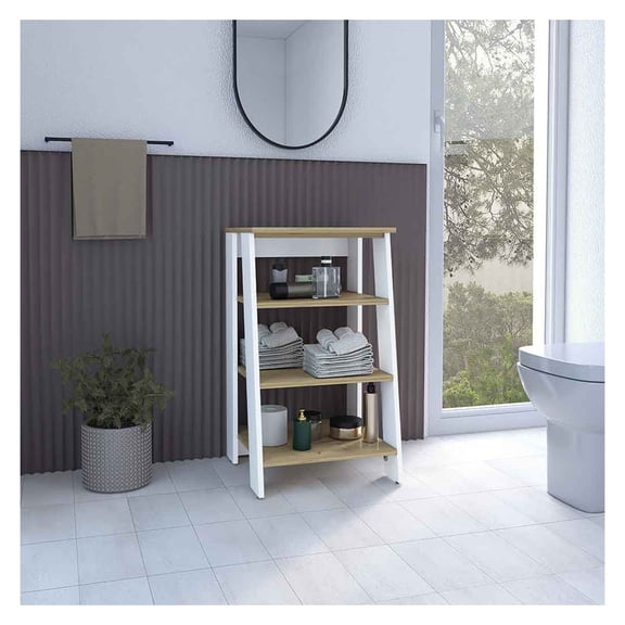 Linen Cabinet Jenne, Four Open Shelves, Light Oak / White Finish