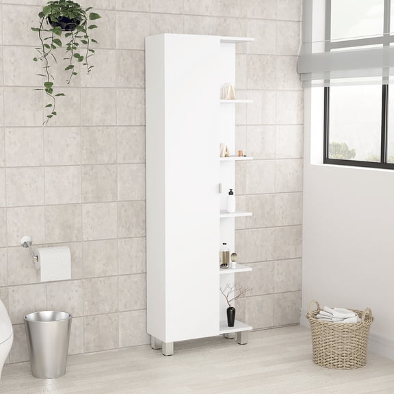 Linen Cabinet With 5+ Shelves, 1 Door, White, For Bathroom Improvement Modern Corner - Freestanding, Cleanable Surface