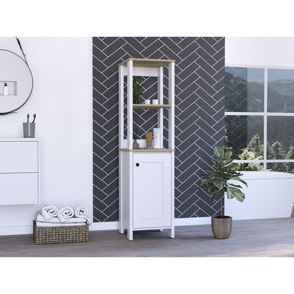 Linen Cabinet in Light Oak and White for Storing Bathroom Necessities