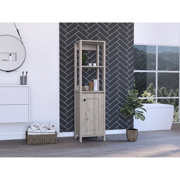 Linen Cabinet with Open and Interior Shelves | Store Items, Add Modern Touch | Light Grey Particleboard | Streamline Storage Arrangement