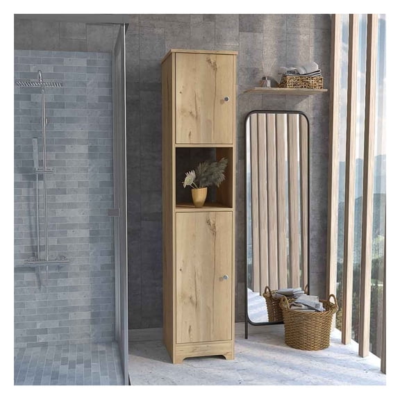 Linen Cabinet with Shelves - 68" Tall Storage Organizer - Light Oak Finish - Bedroom, Bathroom, Living Room - Four Adjustable Shelves, Two Cabinets