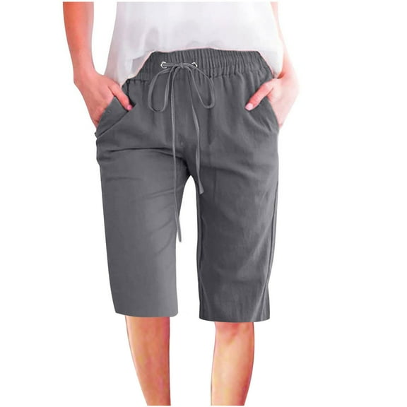 Linen Capri Pants for Women 2025 Cotton Linen Casual Summer Pants Drawstring Capris with Pockets Beach Vacation Pants, 2025 Under 10 Dollar Limited Time Clearance