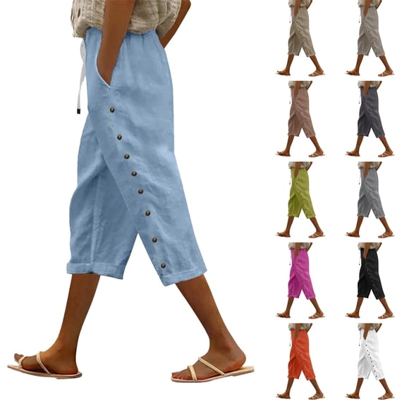 Linen Capri Pants Women Spring Summer Casual Drawstring Side Button Elastic Waist Straight Wide Leg Cropped Pant Light Gray M