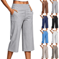 thumbnail image 1 of Linen Capri Pants Women 2026 Spring Summer Casual Lightweight Petite Elastic Waist Straight Leg Capris with Pockets,Gray,XXL, 1 of 9