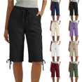 thumbnail image 1 of Linen Capri Pants Women Drawstring Elastic Waist Side Pockets Knee Length Casual Summer Shorts Tie Hem Bermuda Trousers, 1 of 5