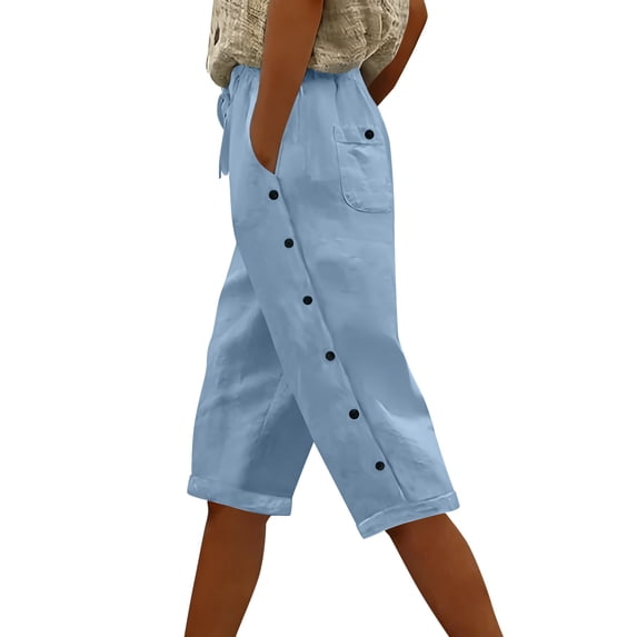Linen Capri Pants Women Summer Casual Drawstring Elastic Waist Side Button Straight Wide Leg Cropped Pant Ladies Spring Pant