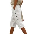 thumbnail image 1 of Linen Capri Pants Women Summer Casual Drawstring Elastic Waist Side Button Straight Wide Leg Cropped Pant Ladies Spring Pant, 1 of 7