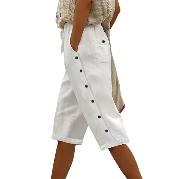 Linen Capri Pants Women Summer Casual Drawstring Elastic Waist Side Button Straight Wide Leg Cropped Pant Ladies Spring Pant