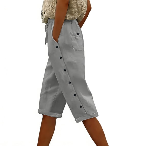 Linen Capri Pants Women Summer Casual Drawstring Elastic Waist Side Button Straight Wide Leg Cropped Pant Ladies Spring Pant