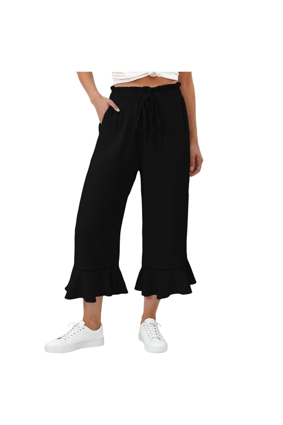 Linen Capri Pants Women Summer Casual Wide Leg Drawstring Elastic Waist Ruffle Hem Capri Trousers with Pockets