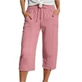 thumbnail image 1 of Linen Capri Pants for Women Wide Leg Pants With Pockets Women's Linen Capris Flowy Pants Womens Pants Elastic Waist Pant With Drawstring Pull On Pants Casual Lounge Pant Crop Pants Pink L, 1 of 6