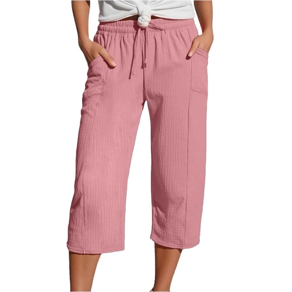 Linen Capri Pants for Women Wide Leg Pants With Pockets Women's Linen Capris Flowy Pants Womens Pants Elastic Waist Pant With Drawstring Pull On Pants Casual Lounge Pant Crop Pants Pink L