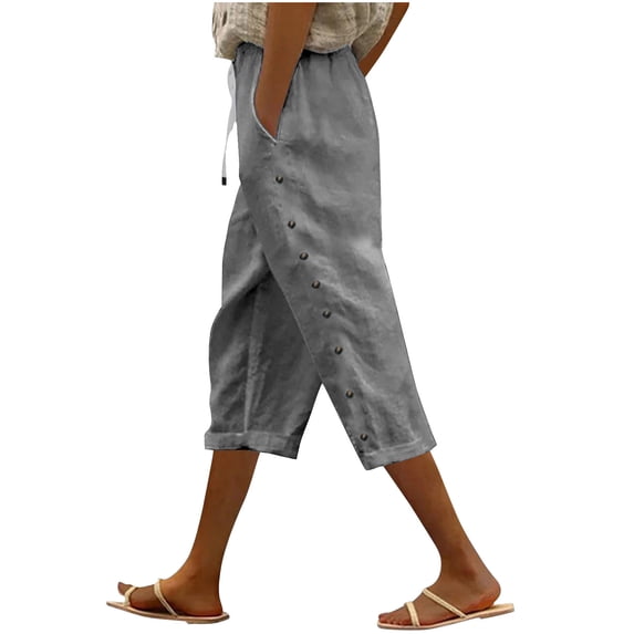 Linen Capri Pants for Women 2026 Summer Cotton Linen Capri Trousers Lightweight Drawstring Cropped Pants with Pockets