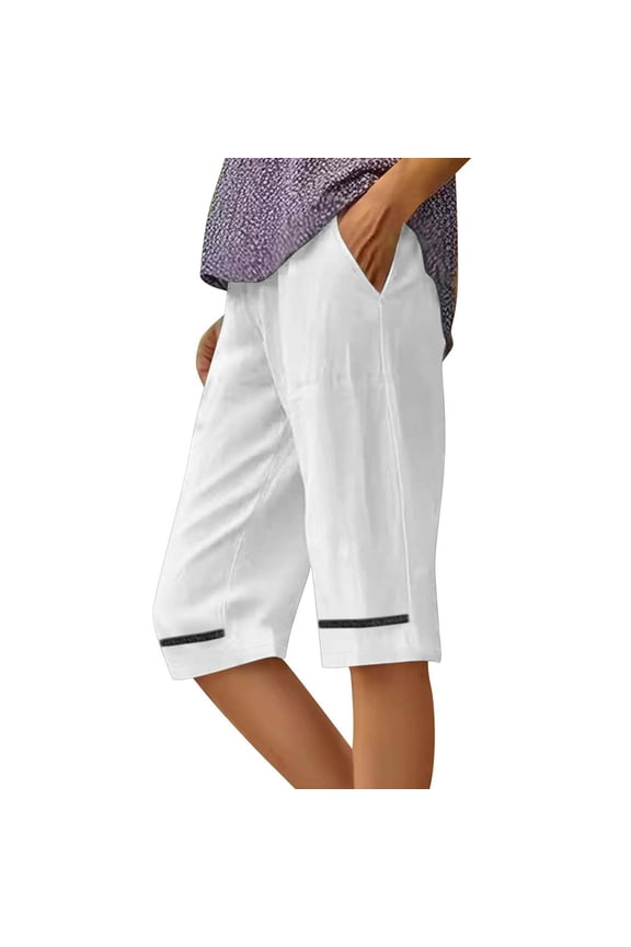 Linen Capri Pants for Women Casual Knee Length Wide Leg Pants Elastic Flowy Bermuda Shorts Summer Beach Trousers with Pocket White 3XL