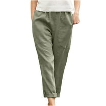 Linen Capri Pants for Women Casual Summer Drawstring Capris Cotton Wide Leg Elastic Waist Cropped Pants with Pockets