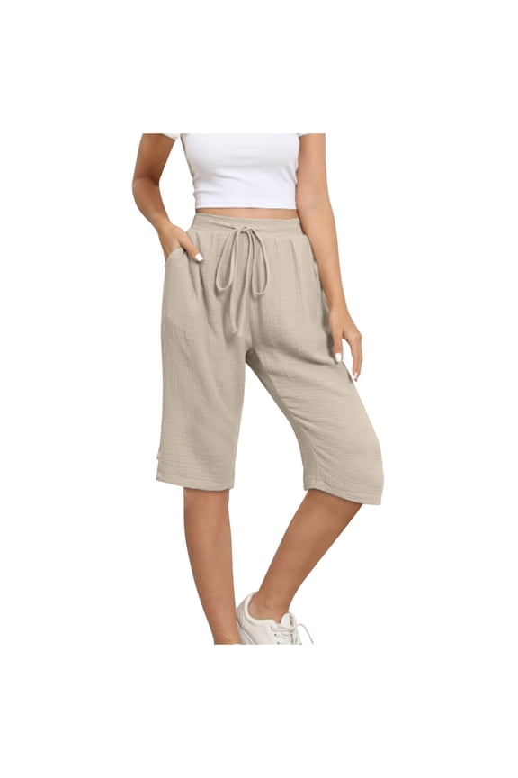 Linen Capri Pants for Women Casual Summer Elastic Drawstring High Crop Sweatpants with Pockets Wide Leg Half Capris (S, Khaki)