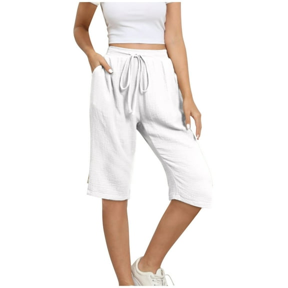 Linen Capri Pants for Women Casual Summer Elastic Drawstring High Crop Sweatpants with Pockets Wide Leg Half Capris (XL, White)