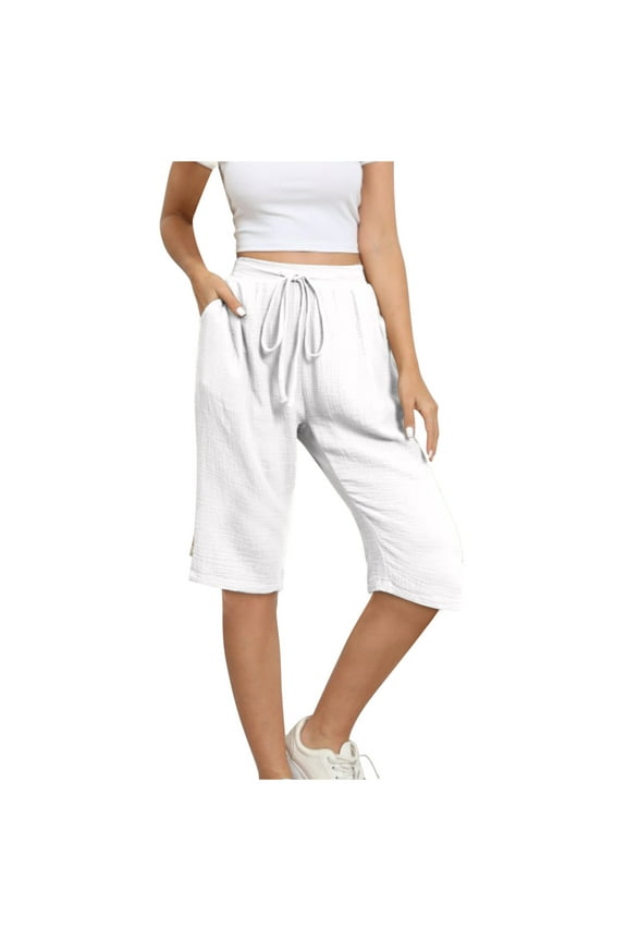 Linen Capri Pants for Women Casual Summer Elastic Drawstring High Crop Sweatpants with Pockets Wide Leg Half Capris (XL, White)