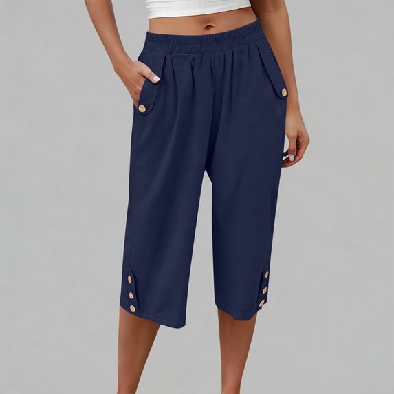 Linen Capri Pants for Women Elastic Waist Straight Leg Trousers Solid Color Summer Casual Loose Cropped Pants,Sizes S-3XL