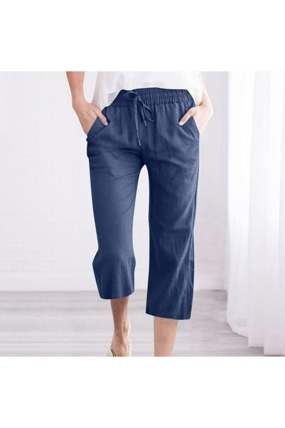 Linen Capri Pants for Women High Waisted Loose Cropped Pants with Pockets Elastic Waist Drawstring Pants Casual Straight Cropped Trousers