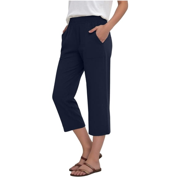 Linen Capri Pants for Women High Waisted Wide Leg Long Shorts Summer Casual Business Beach Pants with Pockets Navy M