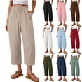 thumbnail image 1 of Linen Capri Pants for Women Ihhxva 3/4 Length Solid Color Elastic Waist Adjustable with Pockets Summer Beach Vacation Lounge Cropped S-2XL, 1 of 7